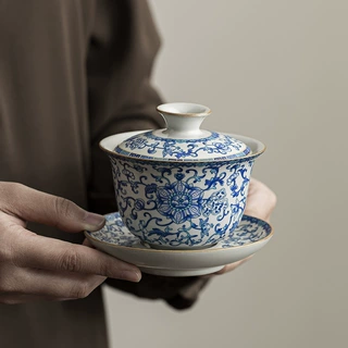 汝窑缠枝莲三才盖碗陶瓷青花泡茶器黄汝功夫茶具家用茶室印logo