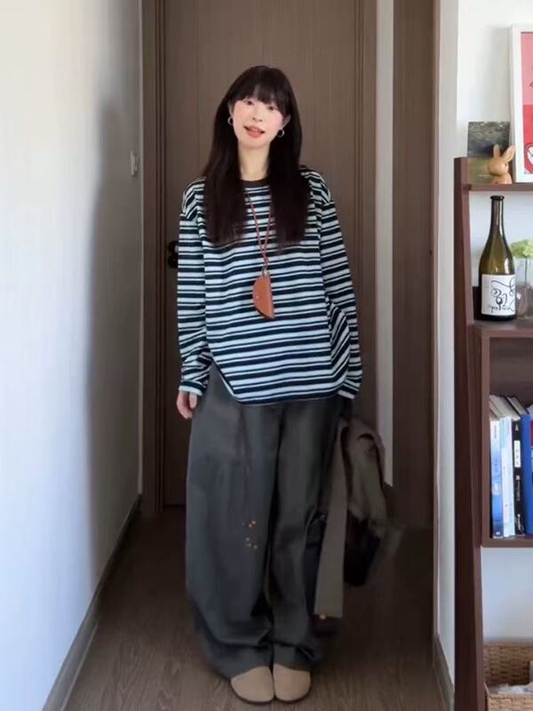 美式复古撞色条纹刺绣长袖t恤女秋冬宽松chic慵懒内搭打底衫上衣|undefined
