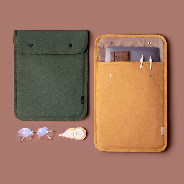 Simple Snap-Button Canvas Tablet Sleeve Bag with Multiple Compartments and Pen Slots, Computer Protective Case, Student Commuting Storage Bag