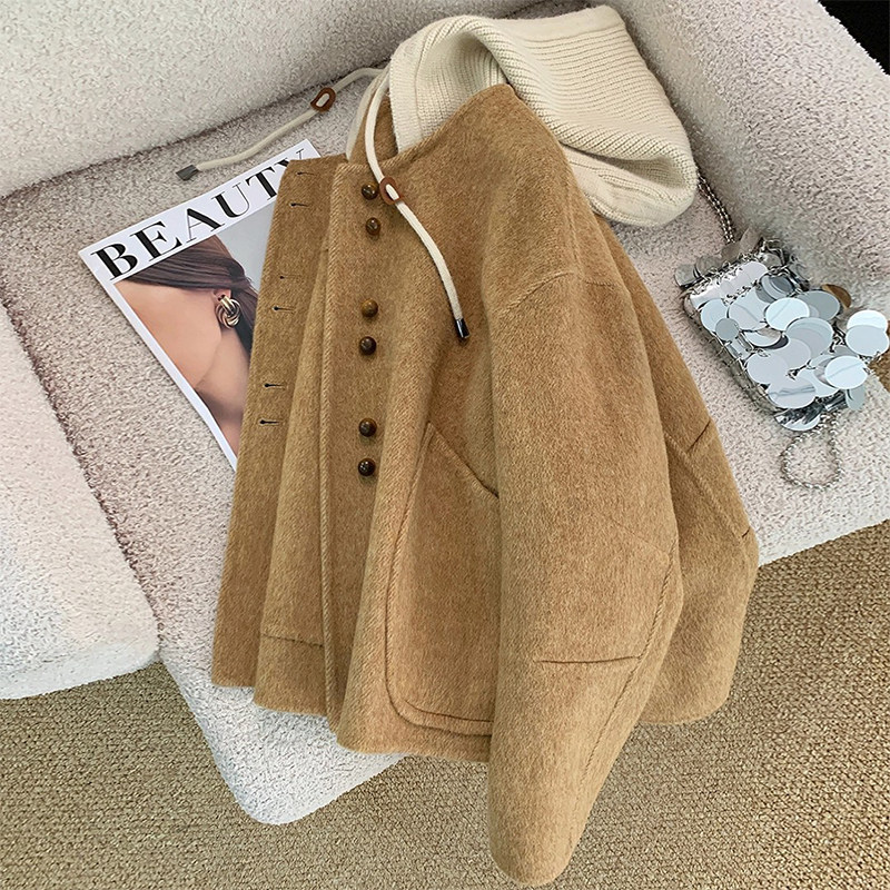 Maillard Brown Hooded Woolen Coat for Women, New Winter 2025 Style, Petite High-End Short Korean-Style Woolen Jacket