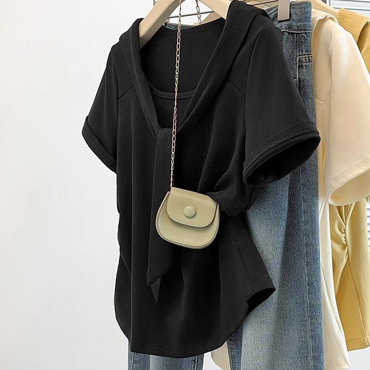 Plus-Size Navy Collar Loose Top New Style Large Size Outerwear Shawl Shoulder Slimming Summer Short-Sleeve T-Shirt for Women