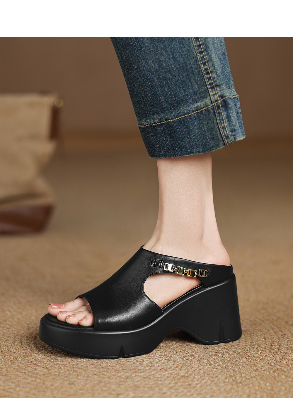 Dép sandal quai ngang nữ đế xuồng da bò mũi vuông hở mũi gót dày — đen chi tiết 7