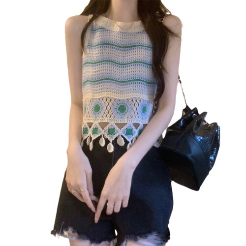 Knit Lacy Striped Fringe Strap Tank Top for Women Summer Sleeveless Outwear Innerwear Layering Kanjian Ethnic Style Top Dress