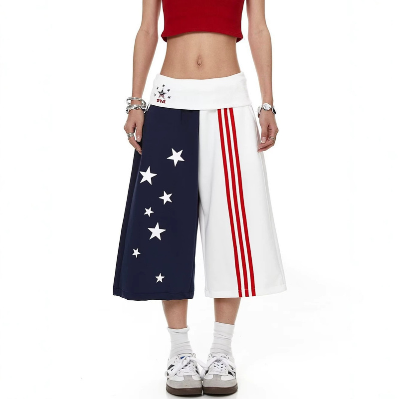 American-Style Color-Blocking Patchwork Star Appliqué Embroidered Basketball Casual Pants for Men and Women with Side Stripes, Loose Fit, Cropped Wide-Leg American-Style Color-Blocking Patchwork Star Appliqué Embroidered Basketball Casual Pants for Men and Women with Side Stripes, Loose Fit, Cropped Wide-Leg
