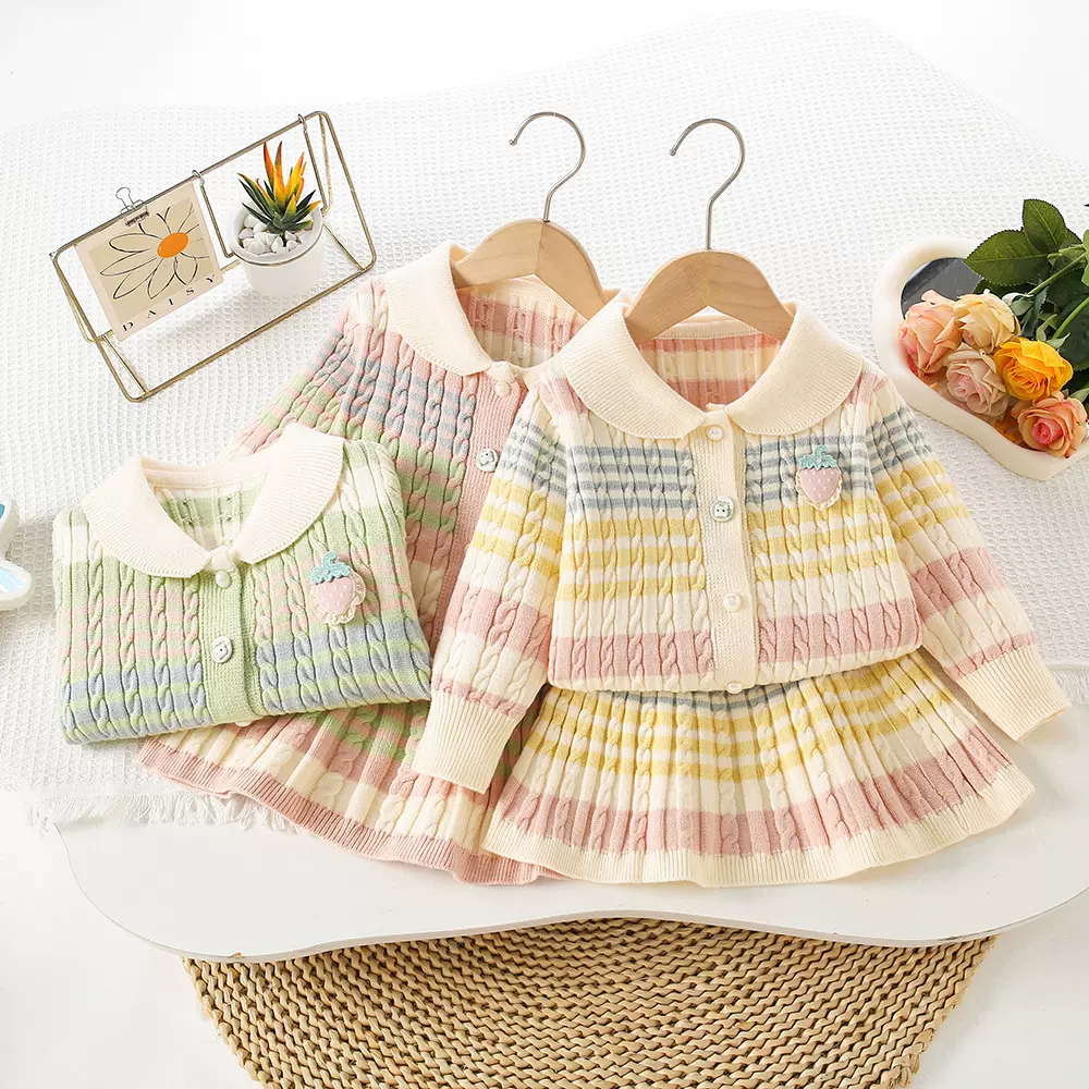 儿童毛衣套装秋冬新款彩条麻花针织套裙韩版反领麻洋气花公主套裙
