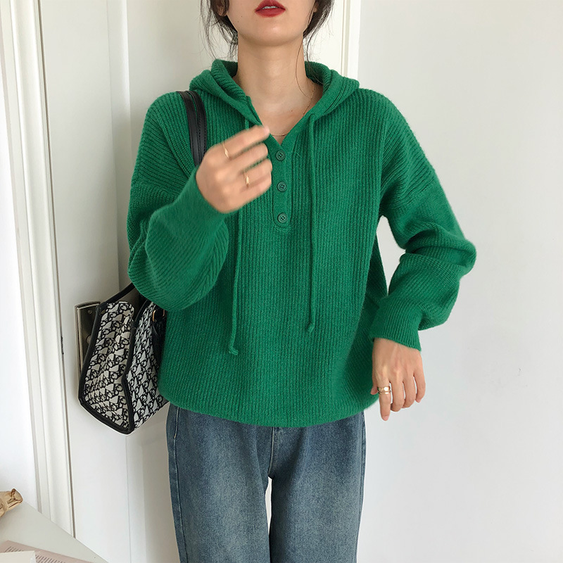 Suéter de mujer invierno / otoño abrigo temperamento de alto nivel japonés / coreano relajado chaqueta de viento con correa de correa variada camisa de punto con capuz image 12