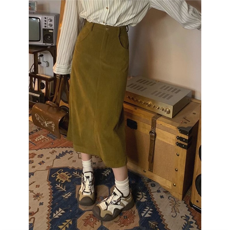 复古高腰灯芯绒半身裙女2025秋冬纯色显瘦a字长裙搭衬衫套装