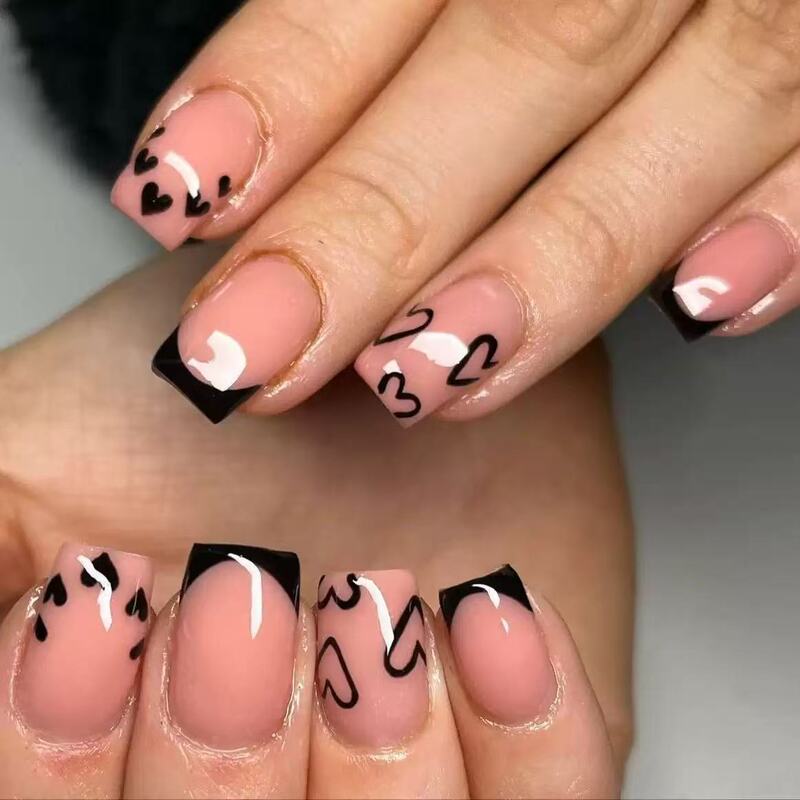 Valentine's Day Black Short French-Style Press-On Nails with Cute Hollow Heart Design, Black Heart-Shaped Nail Art