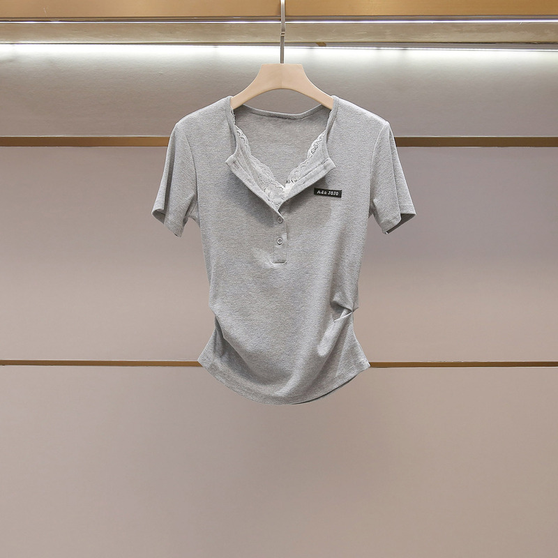 Shenzhen Nanyou High-End Women's Clothing Summer New French Lace Splicing V-Neck Short-Sleeve Pleated Waist-Cinching Knit T-Shirt Shenzhen Nanyou High-End Women's Clothing Summer New French Lace Splicing V-Neck Short-Sleeve Pleated Waist-Cinching Knit T-Shirt