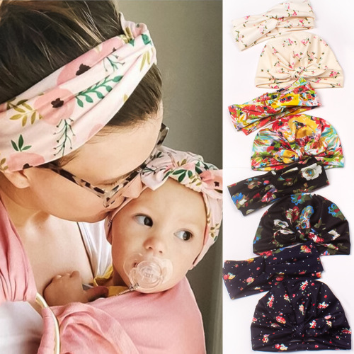 New European and American mother and baby set, printed cross headband, printed bunny ears hat, cute printed headband