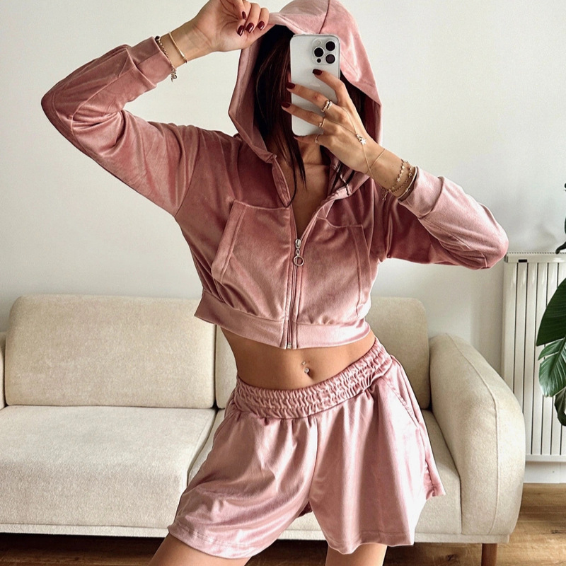 Cross-Border Casual European and American Women's Suit Long-Sleeved Zippered Hooded Cardigan Home Wear Sports Elastic Shorts Two-Piece Set Cross-Border Casual European and American Women's Suit Long-Sleeved Zippered Hooded Cardigan Home Wear Sports Elastic Shorts Two-Piece Set