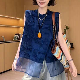 国风斜襟无袖设计感马甲女2026夏季大码胖MM气质网纱圆领潮流上衣