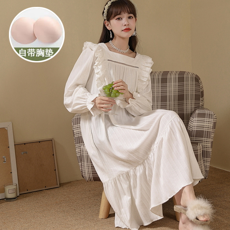 Pajamas women's spring and autumn nightdress long sleeve court princess style sweet cute with chest pad Super fairy dress homewear