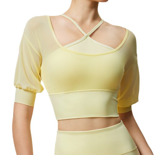 New Stylish Mesh Breathable Sports Yoga Short-Sleeve Two-Piece V-Neck Bare-Fit Cup Running Sport T-Shirt
