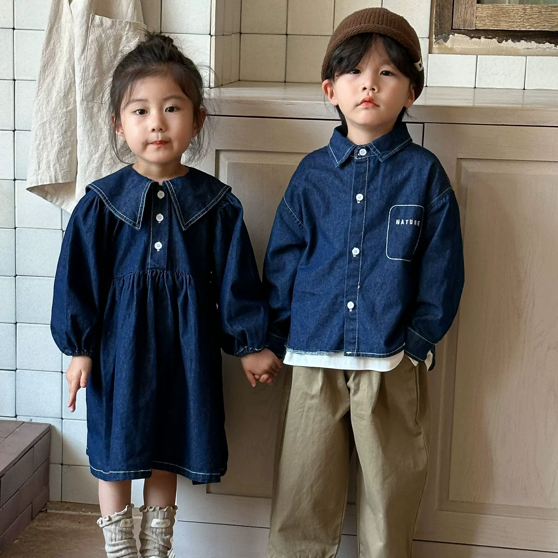 女童牛仔连衣裙兄妹秋装儿童洋气2025新款春秋季宝宝男童衬衫外套