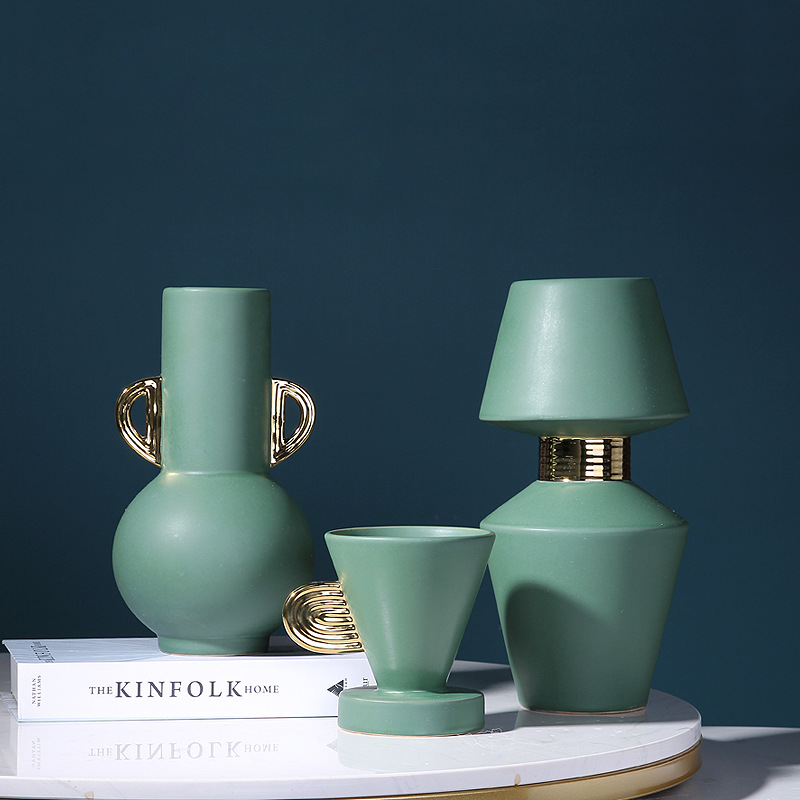 Luz moderna de lujo Esmeralda oro binaural cerámica florero hogar modelo habitación decoración suave pasillo Decoración