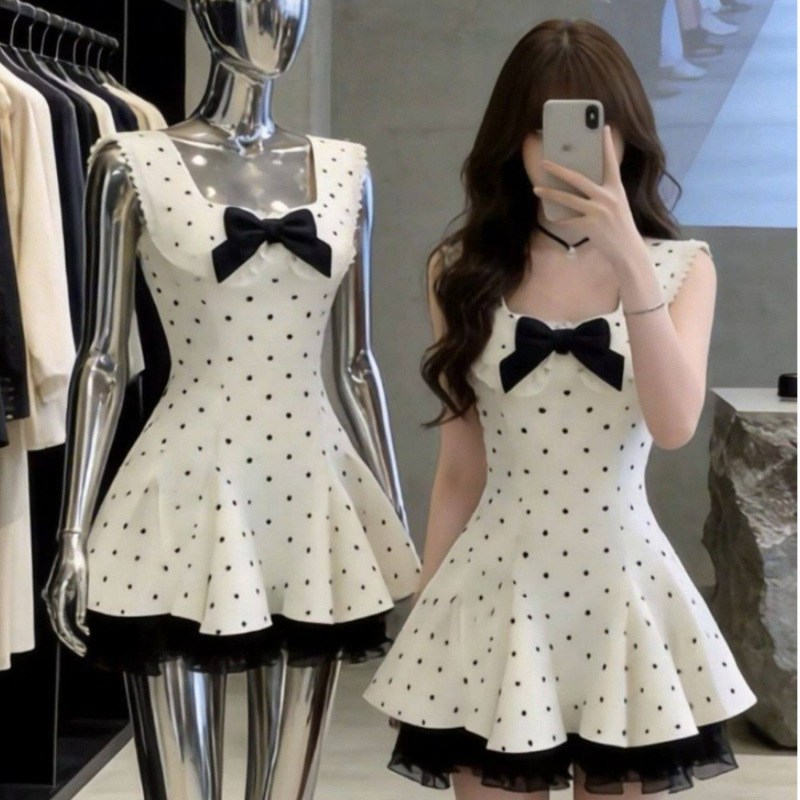 French Preppy Style Polka Dot Bow Dress for Women, Summer Sweet and Age-Reducing Patchwork Ruffled Puffy Princess Dress
