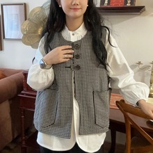 日系森女文艺设计感剪裁格子两面穿灯芯绒马甲背心上衣女