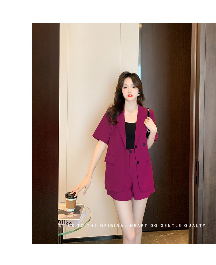 【中国直邮】HEY+JEANS 夏季新款气质短袖西装外套+高腰短裤两件套 玫红色 S