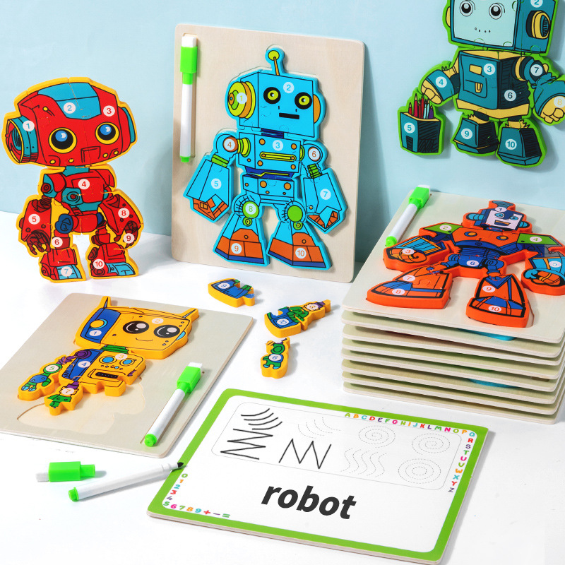 Juguetes de educación temprana de madera, rompecabezas de robots, tablero de dibujo, juguetes para niños, juguetes de rompecabezas de robots tridimensionales dos en uno