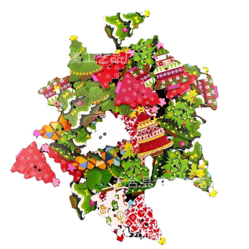 26*35mm fondo blanco árbol de navidad botón de madera decoración de color impresión árbol de navidad serie