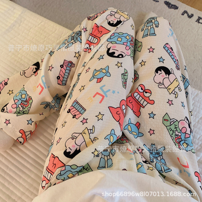 Pantalones de dibujos animados lindos pantalones de pijama elásticos de cintura estudiantil en casa pantalones largos de primavera y otoño de verano para mujeres pantalones casuales