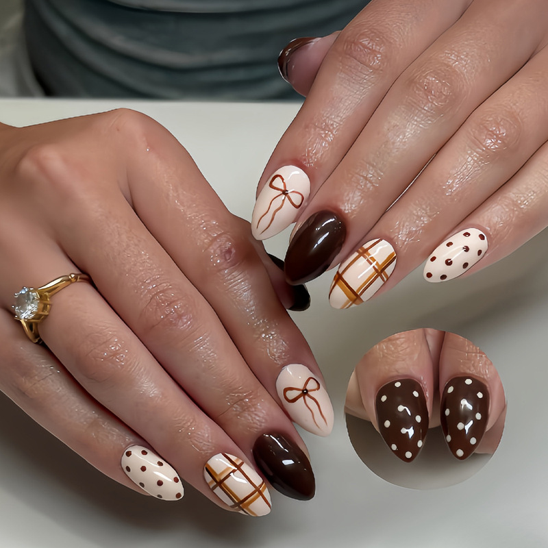 Almond Nails with Glossy Polka Dots, Red Cute Bow Stripes Design, Wearable Nails, Gentle and Versatile