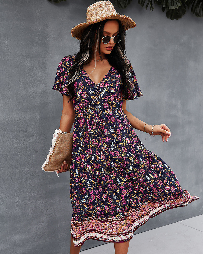 print spring and summer V-neck short sleeve dress NSDY36589