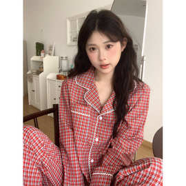 韩国ins格子简约舒适花边睡衣套装休闲家居服