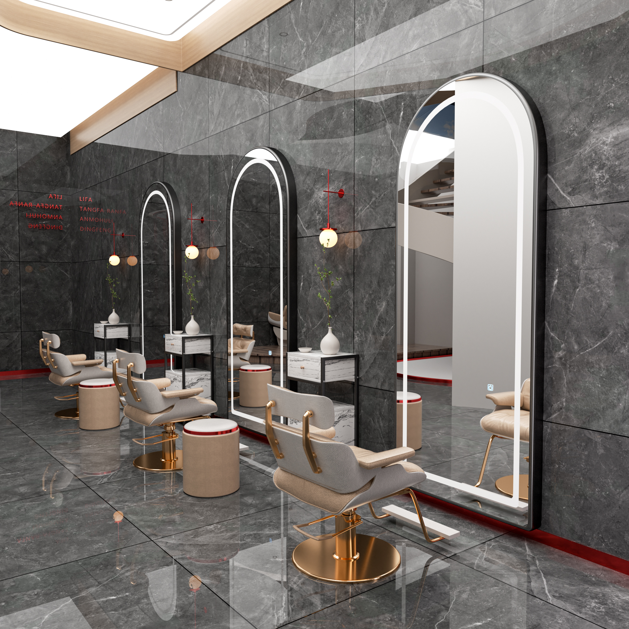 Barbería en línea espejo tabla de espejo salón de peluquería con espejo de suelo lámpara LED hormigón teñido pared tipo salón de peluquería