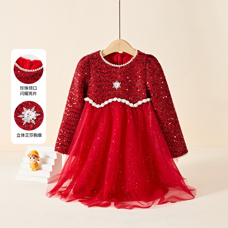 Disney Children's Clothing Girls' Dress Elsa Princess Fleece-Lined 2026 Stylish Children's Long Dress Red Formal Dress Skirt Disney Children's Clothing Girls' Dress Elsa Princess Fleece-Lined 2026 Stylish Children's Long Dress Red Formal Dress Skirt