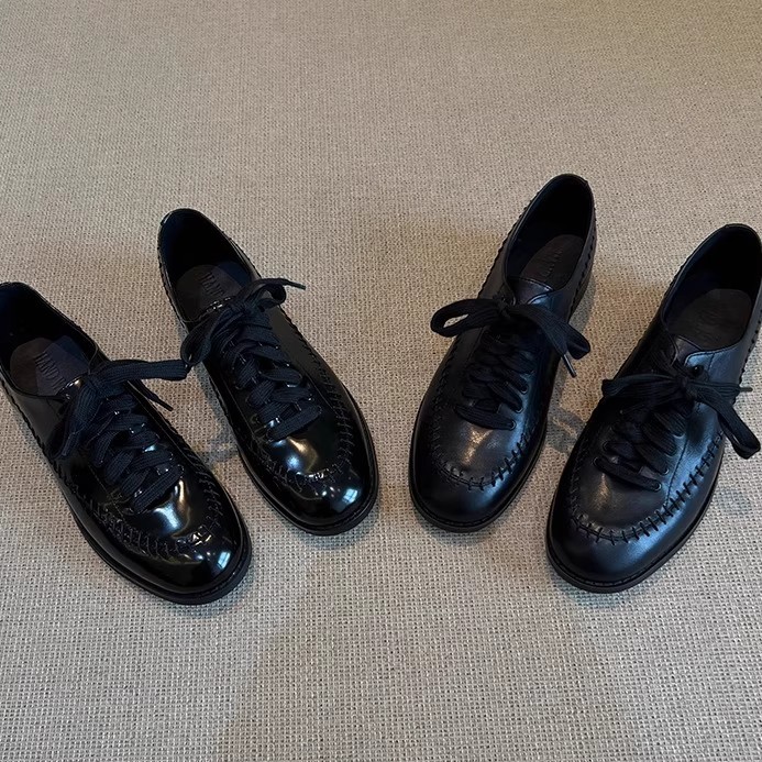 现货~英伦风圆头系带小皮鞋女2025秋新款百搭粗跟真皮乐福单鞋