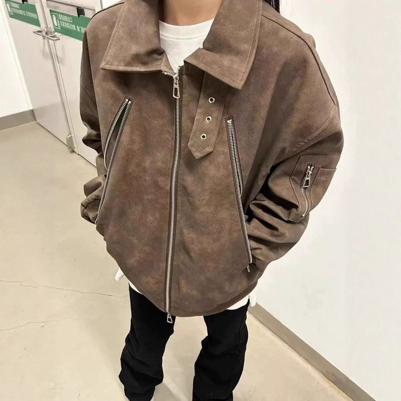 Maillard Brown Pu Leather Motorcycle Jacket Men's Spring and Autumn American Vintage Multi-Zip Flight Crew Jacket