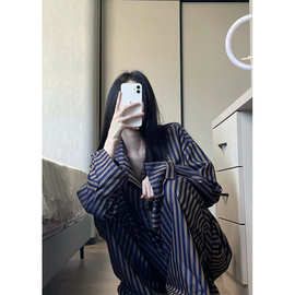 高级感条纹长袖睡衣女春秋2025新款可外穿休闲宽松长裤家居服套装
