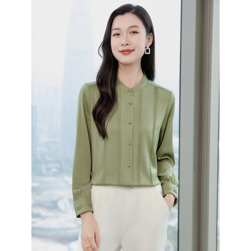 2025春季新款纯色压褶设计圆领真丝衬衫气质百搭女士上衣 A3628