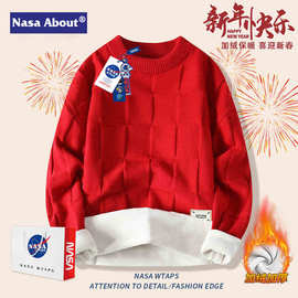 NASA美式复古加绒保暖男秋冬2025新款新年圆领针织衫痞帅情侣毛衣