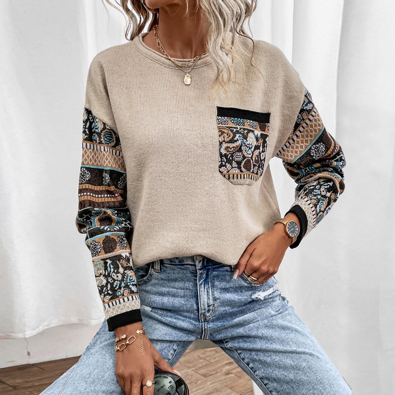 Women's Clothing Women's Autumn Knitted Loose Sweater Round Neck Color Block Long Sleeve Top For Formal & Casual For Women_ecoleips.com