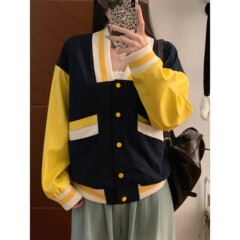 アメリカのレトロな衝突色の野球服の女性の秋の新型はゆったりしていて痩せています。
