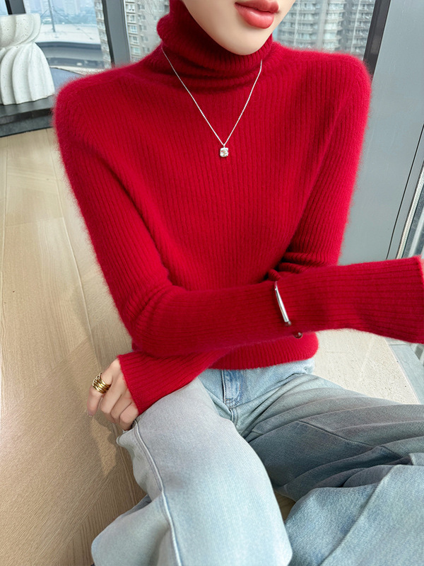毛衣显瘦抽条厚款秋冬新款高翻领100羊毛女修身百搭针织打底套头|undefined