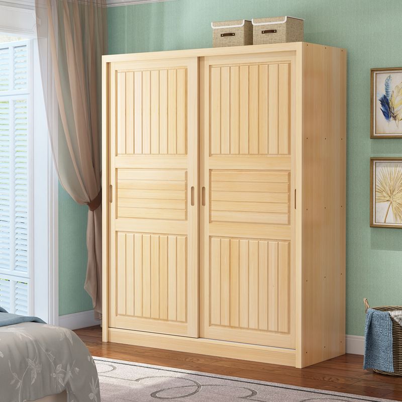 All Solid Wood Pine Sliding Door Wardrobe Simple Log Adult Bedroom Two-Door Children's Storage Wardrobe Assembly Manufacturer