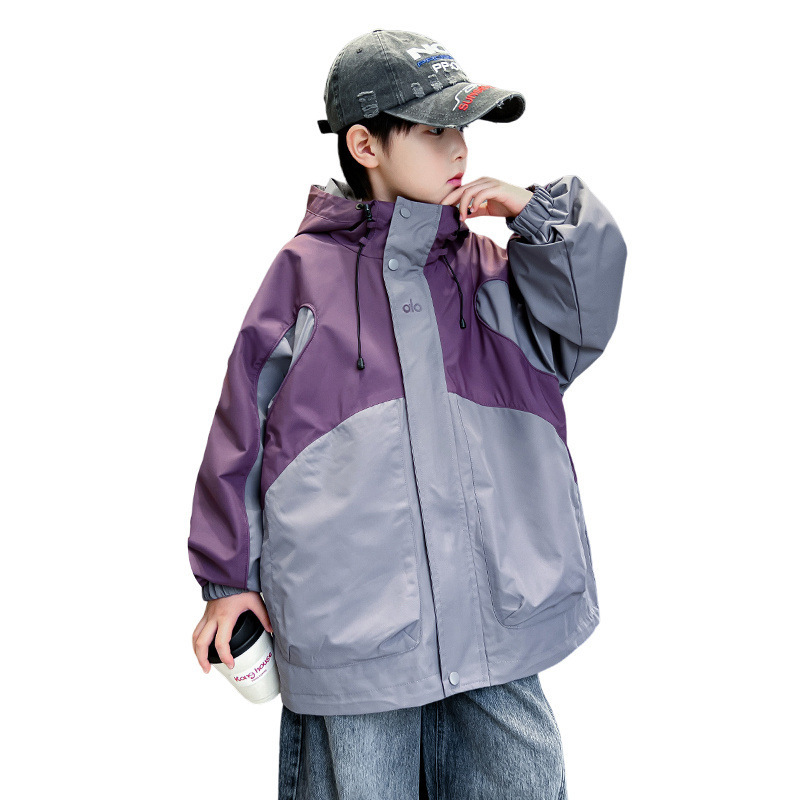 男童拼色连帽冲锋衣春秋2025新款儿童秋装派克服炸街潮中大童外套|undefined