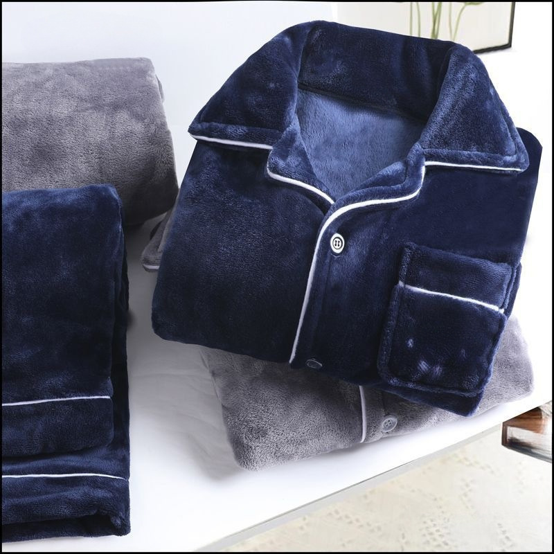 Transfronterizo hombre coral terciopelo pijama otoño y invierno grueso terciopelo cálido manga larga suelta franellas set de ropa para el hogar