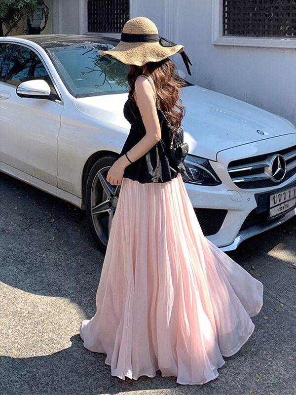 Apricot-colored ethereal shimmering tulle high-waisted A-line skirt for women, summer elastic waist, loose fit, versatile, slimming, long skirt Apricot-colored ethereal shimmering tulle high-waisted A-line skirt for women, summer elastic waist, loose fit, versatile, slimming, long skirt
