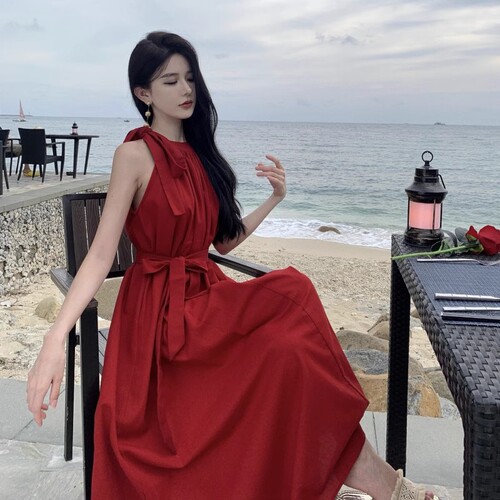 Double pockets design, holiday style, sleeveless red dress, women's 2025 new summer seaside lace long dress
