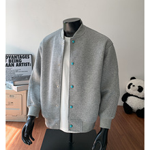 2025秋装新款男士420克重磅开衫卫衣boxy短款松绿石棒球衫外套男