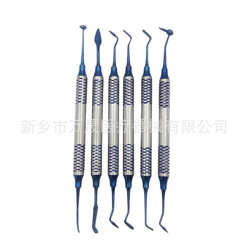 Instrumentos de resina dental estética – set de relleno odontológico azul y dorado