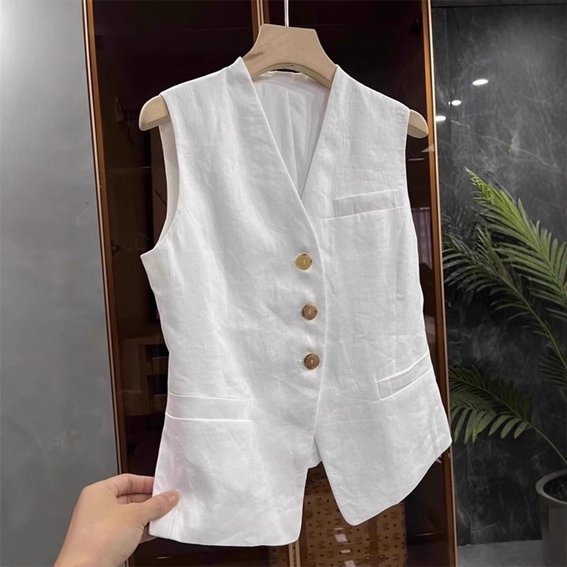 Linen Sleeveless Suit Vest Jacket Women's Spring and Summer Classy Retro Layered V-Neck Cotton and Linen Vest Vest Top Summer