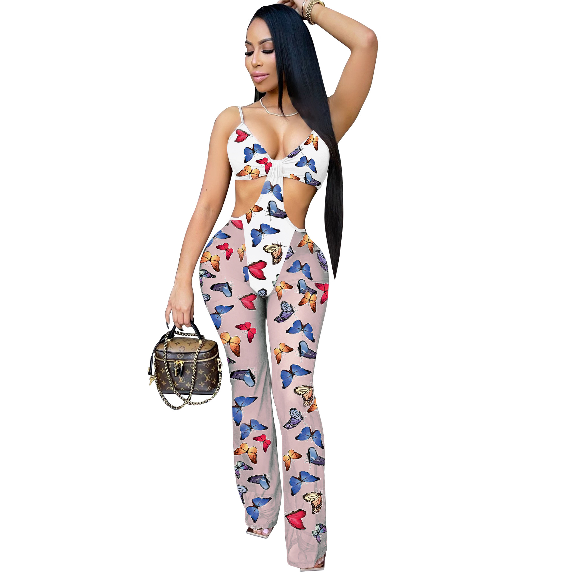 Sexy Sling Deep V Printed Jumpsuit Nihaostyles wholesale clothing vendor NSTYF72887