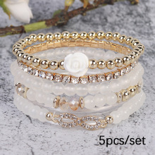 跨境新款波西米亚手链五层玻璃多色玫瑰挂坠手工可调节夏季串珠