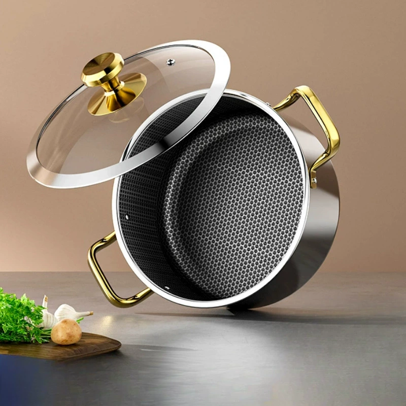 Утолщенная кастрюля для тушения с маленькими двойными ручками, газовая кастрюля из нержавеющей стали 304 для домашнего использования, подходит для приготовления на пару и приготовления каши, совместима с индукционными плитами.